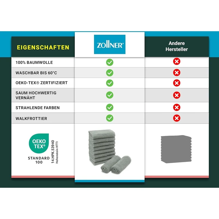 ZOLLNER 10er Set Seiftücher, 30x30 cm, 100% Baumwolle, hellgrau – Bild 6