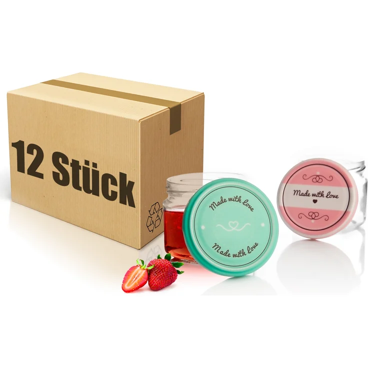 BigDean 12er Set Einmachgläser mit Deckel in rosa und Pastell-grün in Made with Love Stil - 330ml Sturzgläser Marmeladenglas – Bild 1