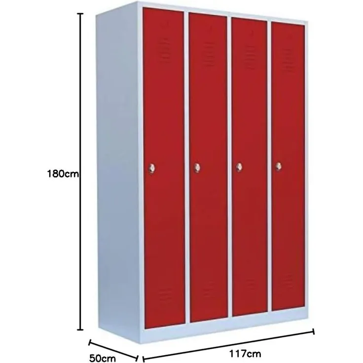 Spind Garderobenschrank Stahlschrank Metallschrank Kleiderspind 180 x 117 x 50 cm Lichtgrau/Rot 4 Abteile Abteilbreite ca. 300 mm 510144