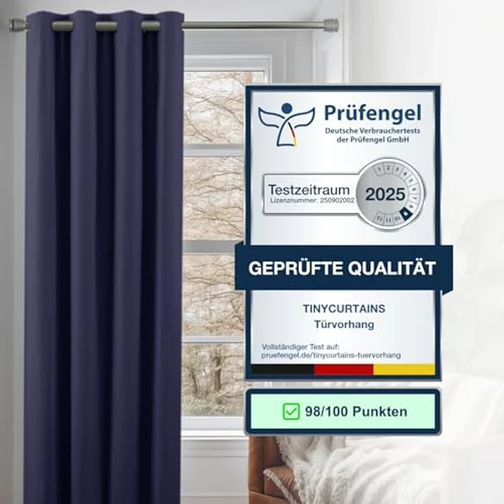 tinycurtains Türvorhang mit Stange silber 55-90 cm ohne Bohren, Thermo Vorhang Tür, Ösen, abdunkelnd, Polyester, blickdicht, dunkelblau Ocean, Türgardine mit Klemmstange, verdunkelnd – Bild 5