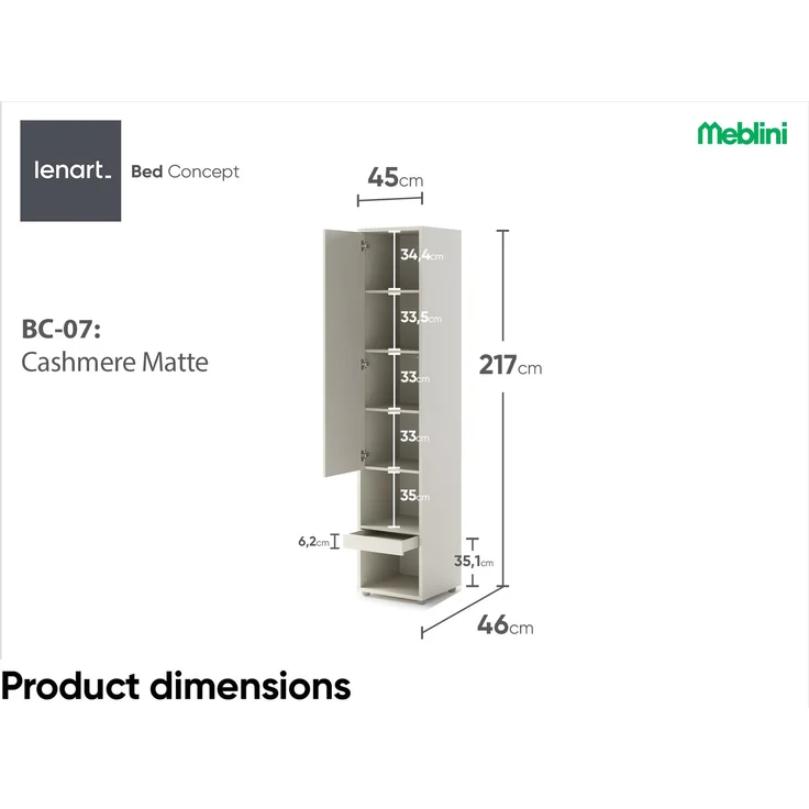 MEBLINI Schrank BC-07 für Schrankbett - Kaschmir - 45x217x46cm - Hochschrank mit Ablagen, Fächern und Schublade - Nachttisch – Bild 7
