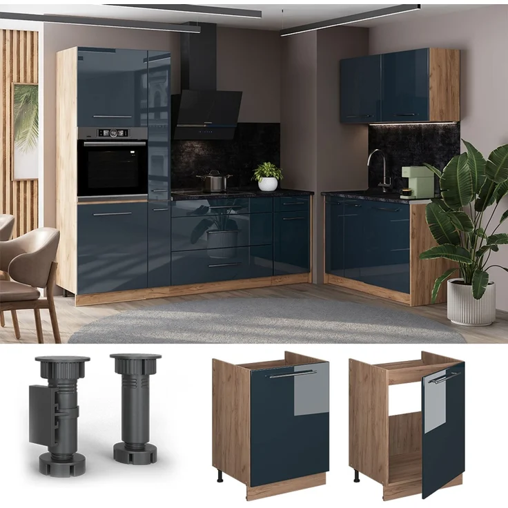 Spülenunterschrank Fame-Line Dunkelblau Hochglanz/Goldkraft Eiche 60 cm Vicco – Bild 4