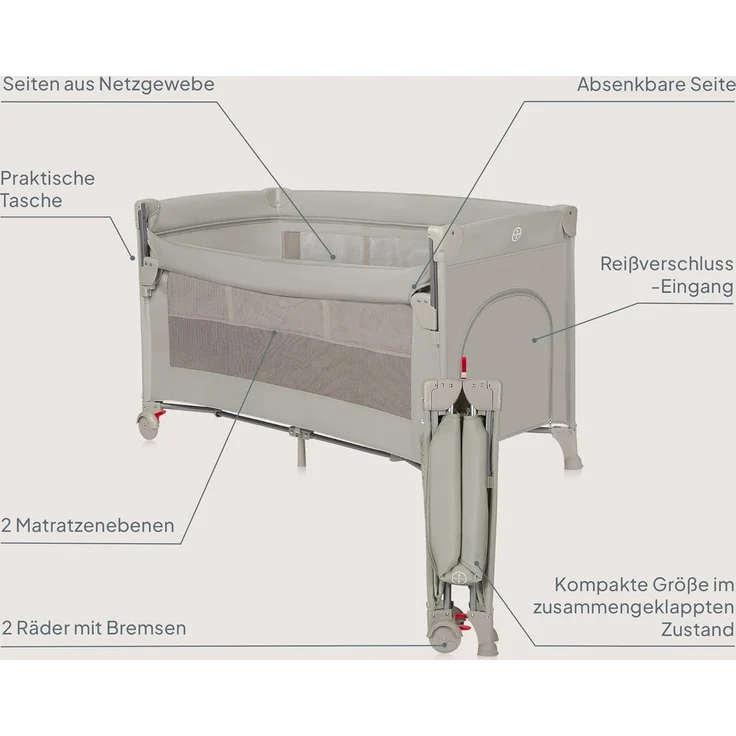 Lionelo Ellen 3 in 1 Reisebett von 0 bis 3 Jahren, Beistellbett für Neugeborene und ältere Kinder bis 15 kg, 2 Matratzenhöhen, Befestigungsgurte, seitlicher Reißverschluss, 2 Rollen, Tasche – Bild 9