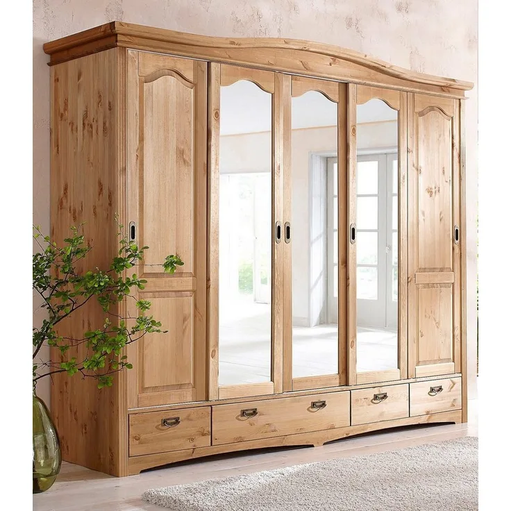 Home affaire Schiebetürenschrank Konrad, Landhausstil, rustikal, mit Schubladen + Spiegel, Kassetten massive Kiefer, FSC®-zertifiziert, Messinggriffe, mehrere Varianten