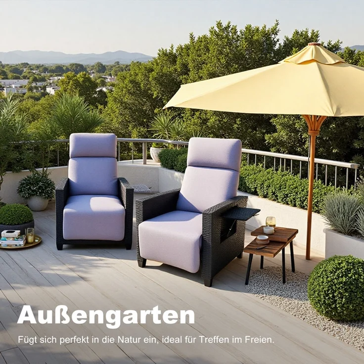 HOMAVO Gartensessel Rattansessel mit verstellbarer Rückenlehne, praktischem Ablagetisch, Maximale Belastung 200 kg, Legierung Stahlrahmen, wetterfest, mit Fußstütze, automatische Verstellung – Bild 4