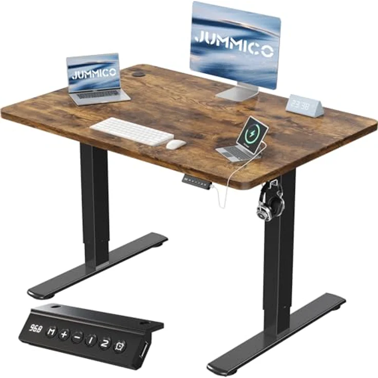 JUMMICO höhenverstellbarer elektrischer Schreibtisch mit USB-Ladeanschluss, Braun, 110x53 cm – Bild 1