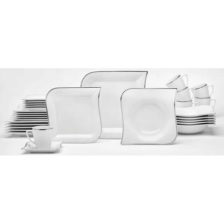 van Well Kombiservice Geschirr-Set, Service Silverline (30-tlg), 6 Personen, Porzellan, schwungvolle Form mit silberfarbenem Rand, 30 Teile, für 6 Personen