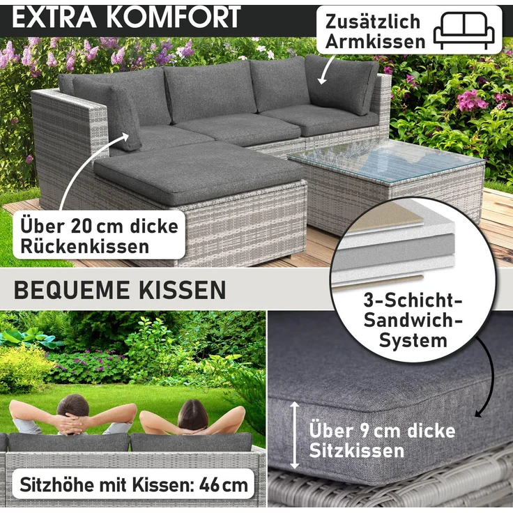 BRAST Gartenmöbel Lounge Sofa Couch Set Royal Grau Poly-Rattan für 4 Personen – Bild 5