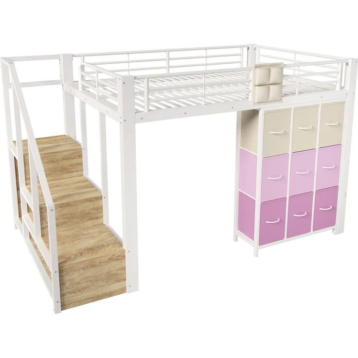 Merax Hochbett, Kinderbett 140×200 cm, Metall, mit Schubladen, Kleiderstange, Geländer, Treppe mit Stauraum, ohne Matratze, Weiß – Bild 8