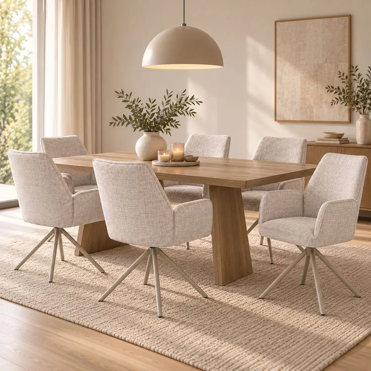 6er-Set Esszimmerstuhl HWC-G67, drehbar Auto-Position Metall Chenille (410g/m²) ~ Gestell creme, creme