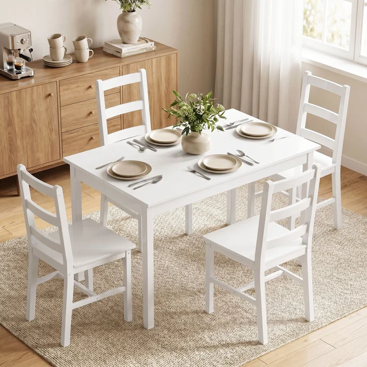 Rayofly-5-teiliges Esszimmer-Set, Esstisch + Stühle, Massivholz, für 4 Personen, kleine Räume, Weiß, H 750cm x T 1180cm x B 730cm – Bild 3