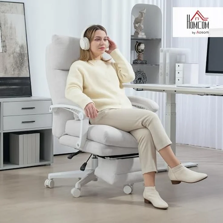 HOMCOM Schreibtischstuhl gepolsterter Bürostuhl mit Fußstütze, Schwenkrädern (höhenverstellbarer Arbeitsstuhl, 1 St), 70 x 68 x 114-122 cm, Cremeweiß – Bild 2