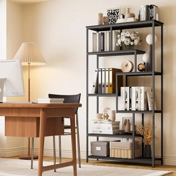 Bealife Offene Bücherregale Bodenstehende Bücherregale Regal Stahlrahmen, Küchenregal Aufbewahrungsmöbel schwarzes Wohnzimmermit 5 Ablagen Aufbewahrungsschrank – Bild 5