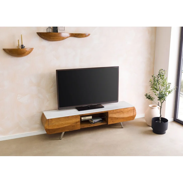 TV-Board Akazie 184x40x45 natur lackiert / Marmor weiß MONTREAL #122 – Bild 3