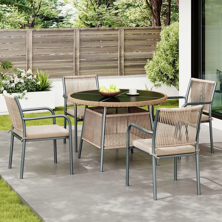 Gartenlounge-Set mit rundem Glastisch und 4 Stühlen, 5-teilig, Loungeset, Essgruppe für Garten – Bild 2
