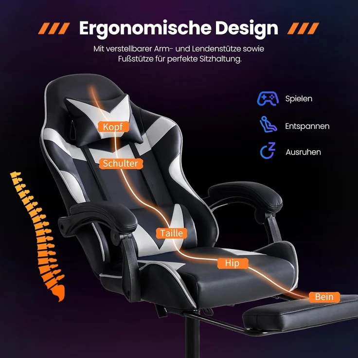 Sweetcrispy Gaming Stuhl, Gaming Chair mit Fußstütze Kopfstütze Lendenwirbelstütze, Ergonomischer PC Stuhl, Höhenverstellbarer Bürostuhl Computerstuhl, Gamer Stuhl, Drehbarer Schreibtischstuhl, Weiß – Bild 6