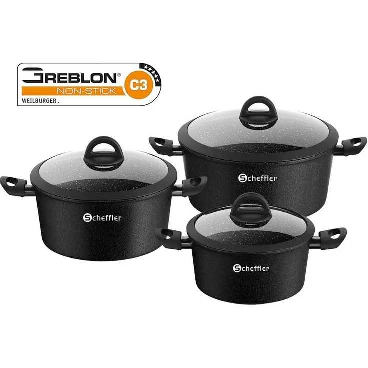 Scheffler Topf-Set 6tlg Induktions Töpfe Set Schwarze Antihaftbeschichtung mit Glasdeckel, Aluminium (Set, 6-tlg, Ø20 2,4L/Ø24 4,4L/Ø28 6,5L Töpfe Set mit Glasdeckel), Induktionsgeeignet