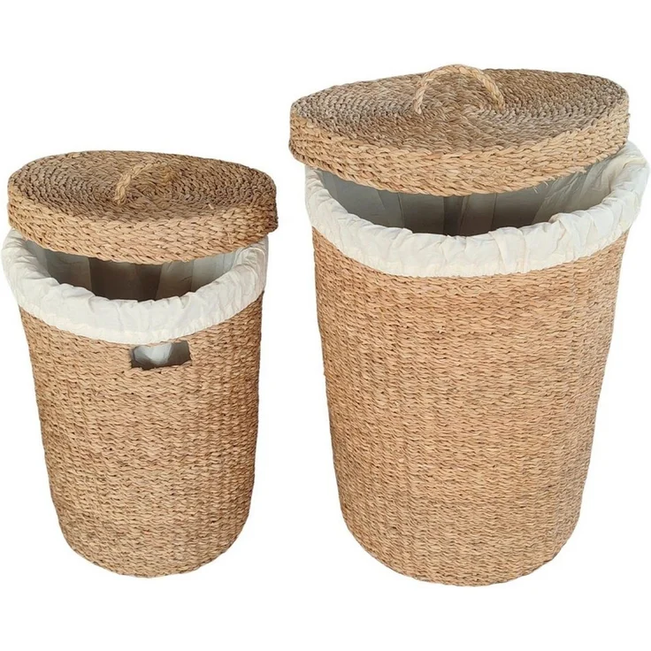Casa Moro Wäschekorb mit Deckel aus Seegras, rund, 38/75 L (Set, 2 St, S: Ø 32 x H 52 cm, M: Ø 42 x H 60 cm), Handgeflochten, Wäschebeutel herausnehmbar und bei 30 °C waschbar – Bild 1