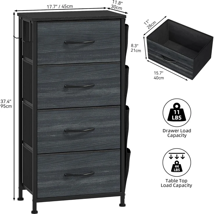 DWVO Kommode mit 4 Schubladen, langlebiger Schrank mit Haken & Seitentaschen, Stoffschubladen mit Griffen, Robustes Metallgestell, Holzmaserung Anthrazit Schwarz – Bild 3