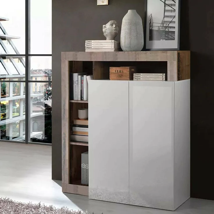Dmora Kommode Smeraldo, Wohnzimmerbuffet, Wohnzimmer-Sideboard, Moderne Küchen-Speisekammer, Made in Italy, 108x42 h127 cm, Glänzendes Weiß und Akazie – Bild 2