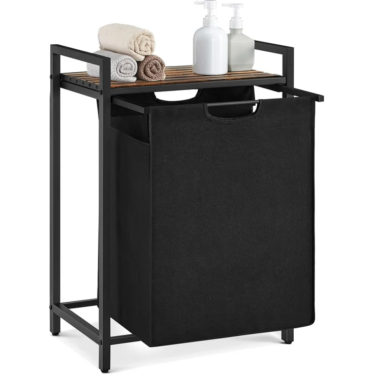 VASAGLE Wäschekorb, Wäschesammler mit Ablage, Wäschebox, Wäschesack aus Oxford-Gewebe abnehmbar, Metallrahmen, 65 L, 50 x 33 x 72 cm, tintenschwarz-vintagebraun BLH101B01