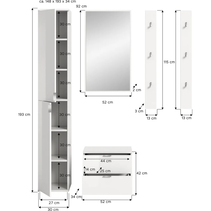 Garderoben-Set >Projekt X< in weiß / weiß hochglanz - 148x191x37cm (BxHxT) – Bild 5
