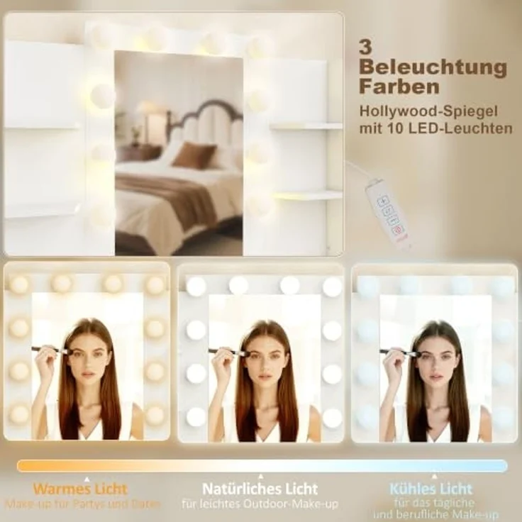 HOMCOM Schminktisch LED-Beleuchtung, 3 einstellbare Lichtfarben, Hocker, Glühbirnen (Frisiertisch, 2-St, Kosmetiktisch), mit Spiegel, 6 Schubladen, 4 offenen Ablagen – Bild 4