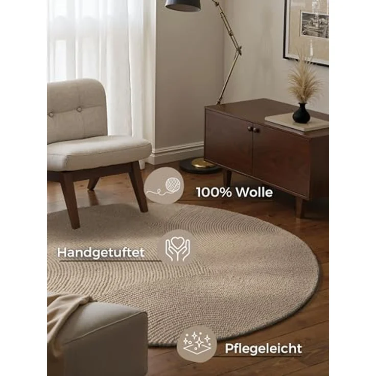 XXXL Wollteppich Eleni, Rund, Beige, Struktur, ca. 200 cm Durchmesser, pflegeleicht, für Fußbodenheizung geeignet, handgetuftet aus 100% Wolle – Bild 3