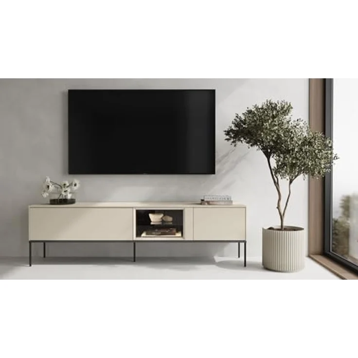 Selsey TV-Lowboard 196 cm Cremefarbenes Mattes Design Hochwertige Spanplatte & Gehärtetes Glas Schwarze Metallbeine Integriertes Eye-LED mit Touch Push-to-Open Ideal fürs Wohnzimmer – Bild 2