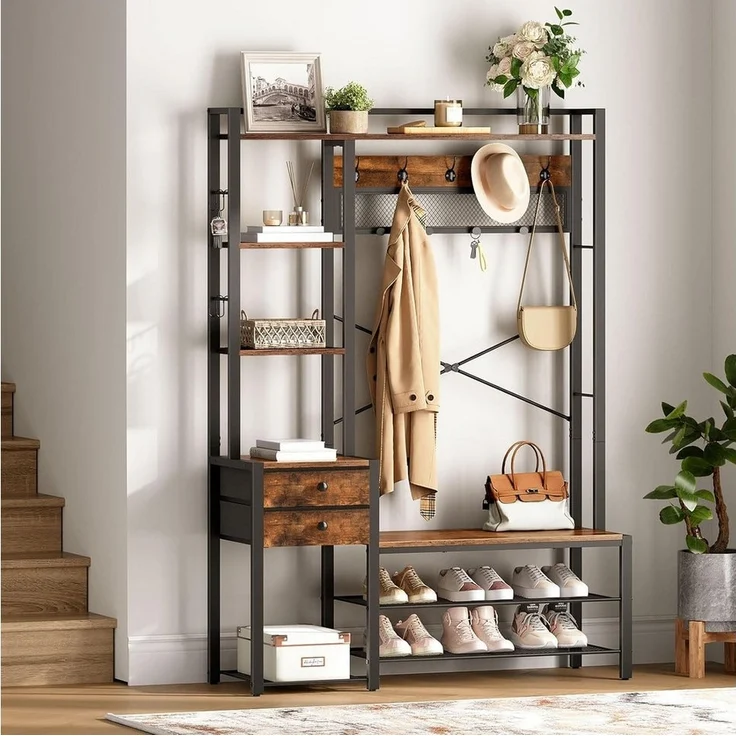 Hoobro Garderobenständer mit Schuhbank, (Schuhregal mit Garderobe, Eingangsmöbel mit Haken und Schubladen aus Vliesstoff), Garderobe mit Sitzbank, für Wohnzimmer, Flur – Bild 3