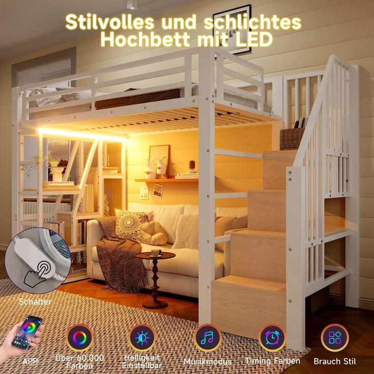 Hochbett mit RGB LED-Streifen und Regal, 90x200cm, Metallbett mit Rausfallschutz, Lattenrost und Treppe, Kinderbett – Bild 5