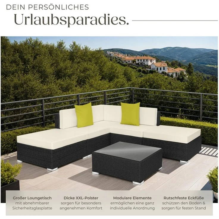 tectake Loungeset Rattan Sitzgruppe mit Sicherheitsglasplatte, 2 extra Kissen, (Gartenlounge-set Paris, 6-tlg, geeignet für Outdoor in Schwarz), wetterfest und UV-beständig, Dicke der Polster 10 cm – Bild 3