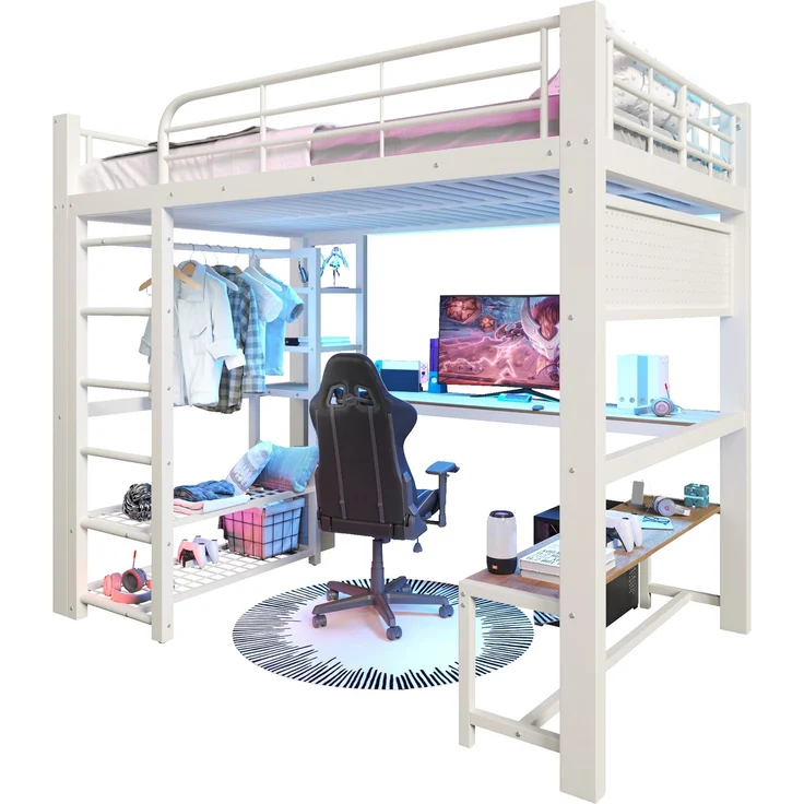U-life Hochbett 140x200 cm, für Jugendliche, Gitter, LED-Beleuchtung, Treppenkonstruktionen, Praktisches Stauraumsystem, Metall, Weiß – Bild 6