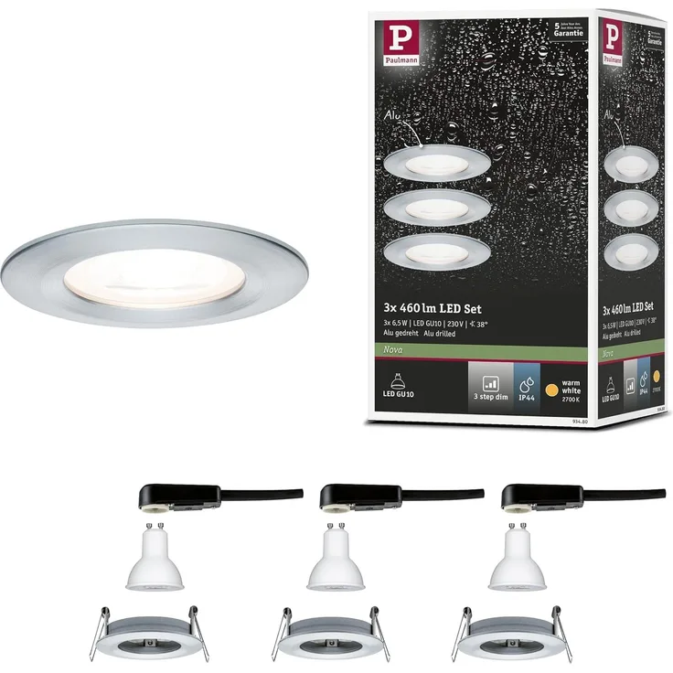 Paulmann No. 93480 LED Einbauleuchte Nova rund 6,5W GU10 Alu 3er-Set IP44 dimmbar