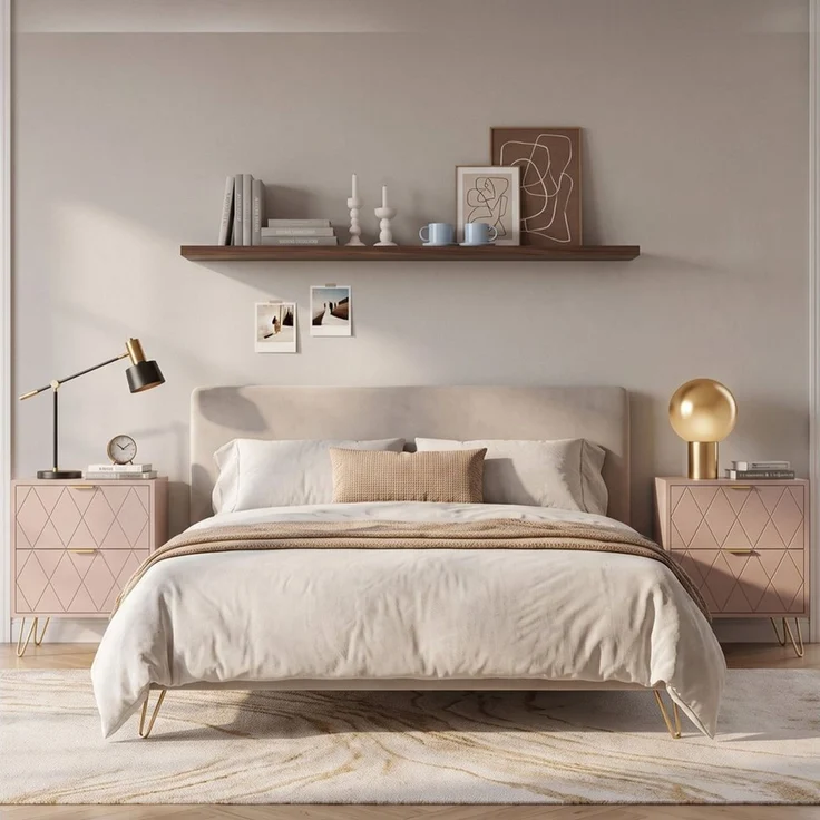 UEV Schlafzimmer-Set 3er-Set Schlafzimmermöbel, Möbelset im skandinavischen Stil, (Modern Linienmuster, Kommode mit 9 Schubladen und 2er-Set Nachttisch), Schrank mit Kippschutz, Goldene Griffe und Füße, Soft-close – Bild 3