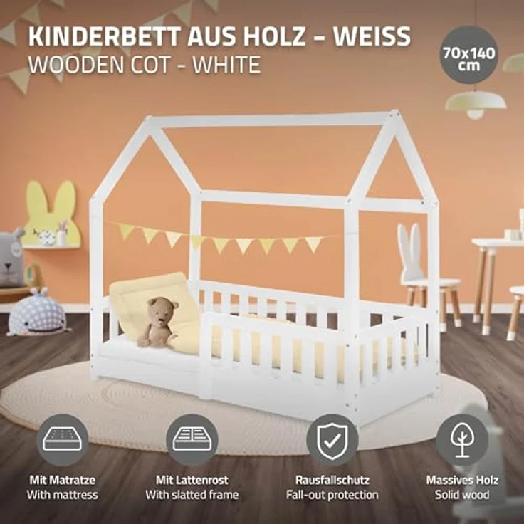 ML-DESIGN Kinderbett Hausbett Spielbett inkl. Lattenrost kreativ Bodenbett für Kinder, Abenteuerbett mit Rausfallschutz Spielbett Kiefer Weiß Himmelbett – Bild 4