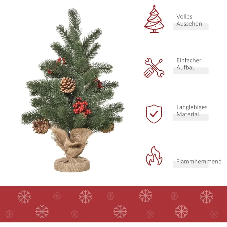 HOMCOM Künstlicher Weihnachtsbaum Mini Weihnachtsbaum mit Tannenzapfen, roten Beeren, 50 cm hoch, Fischte, für Tisch und Schreibtisch – Bild 3