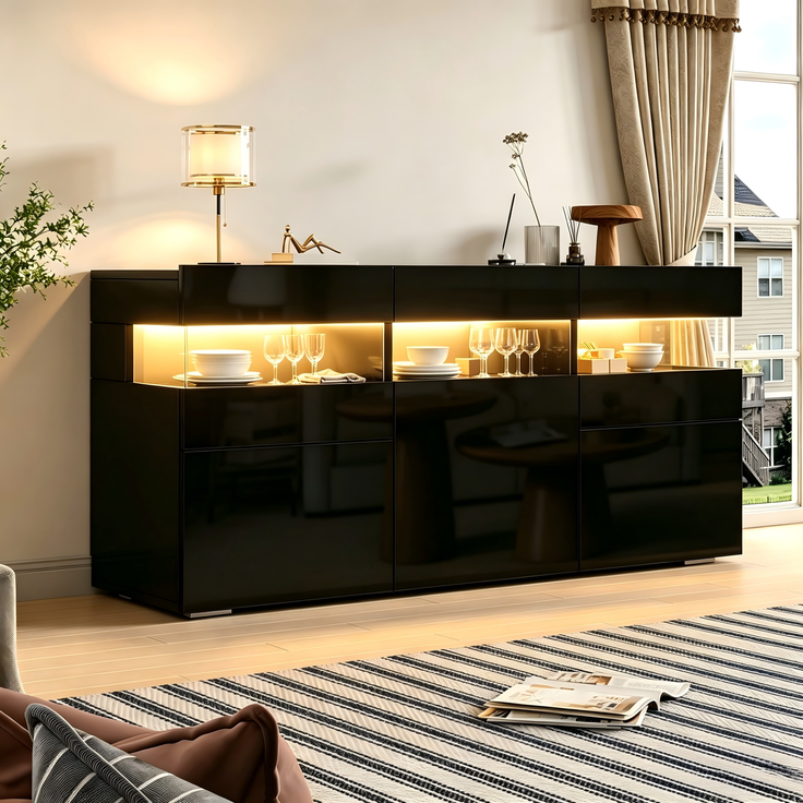 Merax 140cm Wohnzimmer-Sideboard, Kommode mit 3 Türen, Hochglanz-Wohnzimmerschrank mit LED-Lichtleiste, Transparentes Acrylgehäuse, Schrank mit 7 Ablagefächern, Schwarz – Bild 2