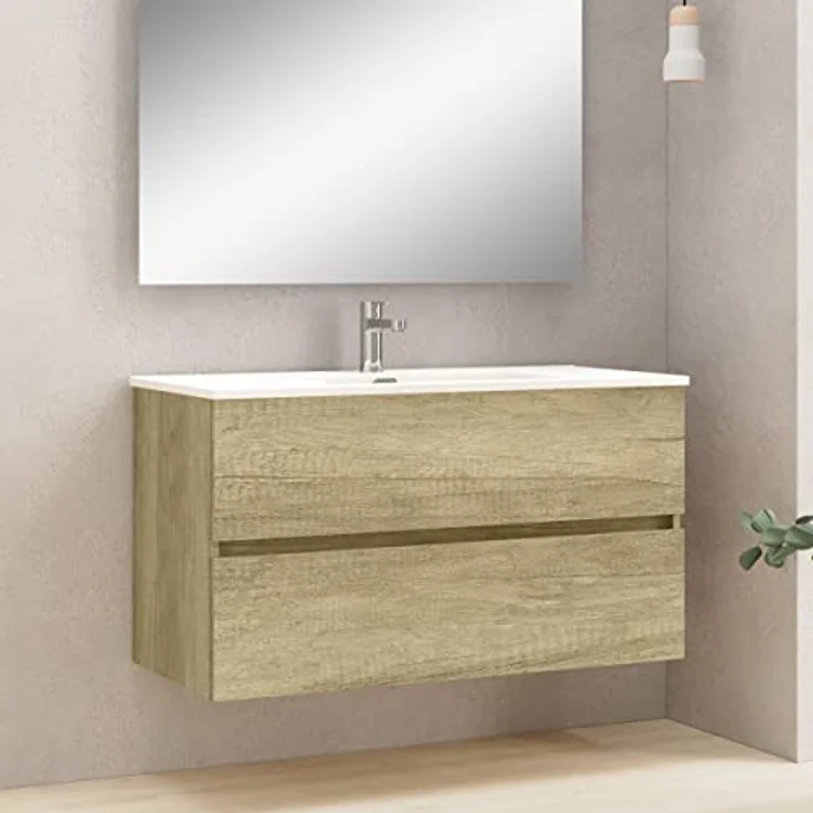 Baikal Badezimmerschrank, Zwei Schubladen, Wandmontage, mit Waschbecken, Melamin 16, montiert, Möbel 100 cm, Natur, mit Spiegel mit LED-Licht – Bild 4