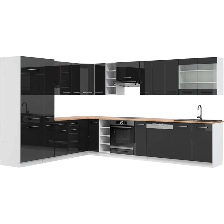 Eckküche Fame-Line Anthrazit Hochglanz/Weiß 347 x 257 cm, AP Eiche Vicco – Bild 1
