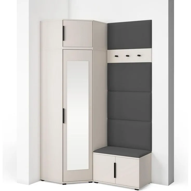 Garderoben-Set Napoli Version 18: Eckschrank mit Polsterpaneelen, Schuhschrank Flur und Eingangsbereich (Cashmere/Trinity 15), 225 x 70 x 140 cm