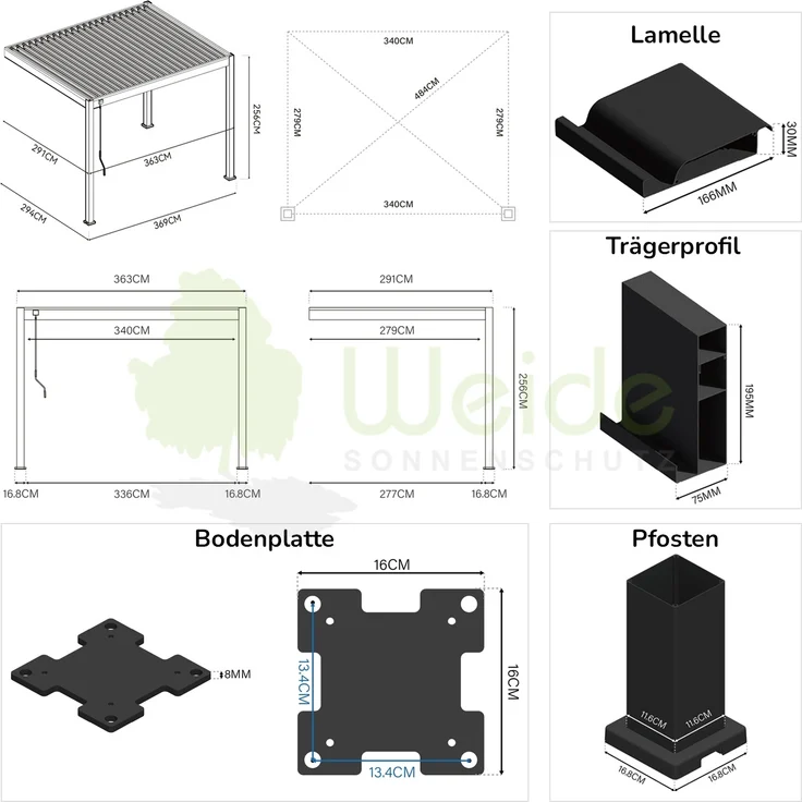 Weide Deluxe | Wand Pergola | Voll Aluminium | 3 x 3,6 M | Lamellendach weiß – Bild 5