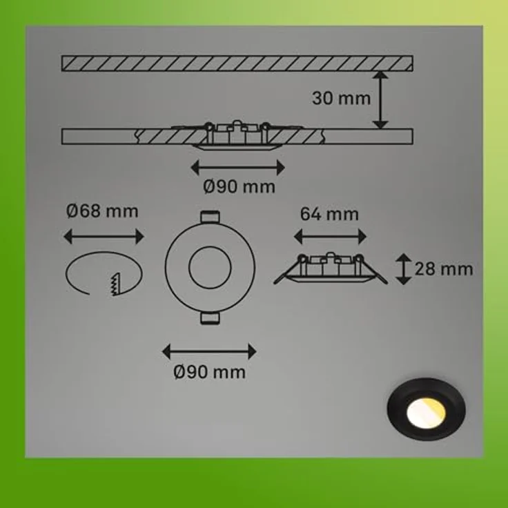 BRILONER 3er Set LED Bad Einbaustrahler, Farbtemperaturwechsel, IP44, Schwarz, 50% recyceltes Gehäuse, flach, 68mm Einbauöffnung, wechselbares LED-Modul – Bild 2