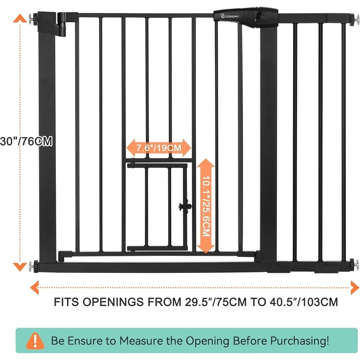 COMOMY Türschutzgitter mit Katzenklappe, 75-103cm Treppenschutzgitter ohne Bohren für Hunde und Katzen, Autoclose, Erweiterbar Türgitter Absperrgitter mit 7cm und 14cm Verlängerungen, Schwarz – Bild 6