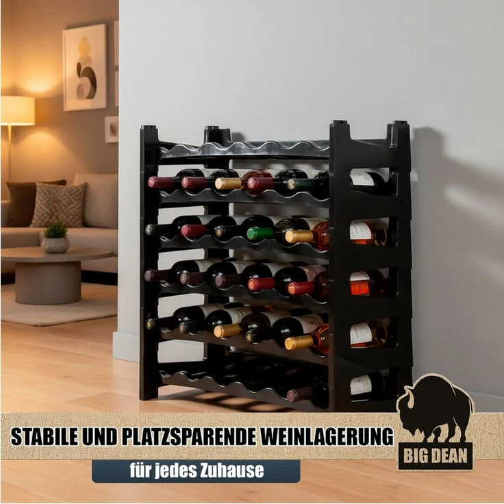 BigDean Flaschenregal Flaschenregal stapelbar für 36 Flaschen Weinregal, Set 6-tlg, Modular, Erweiterbar, Werkzeugfrei, Robust, Standsicher