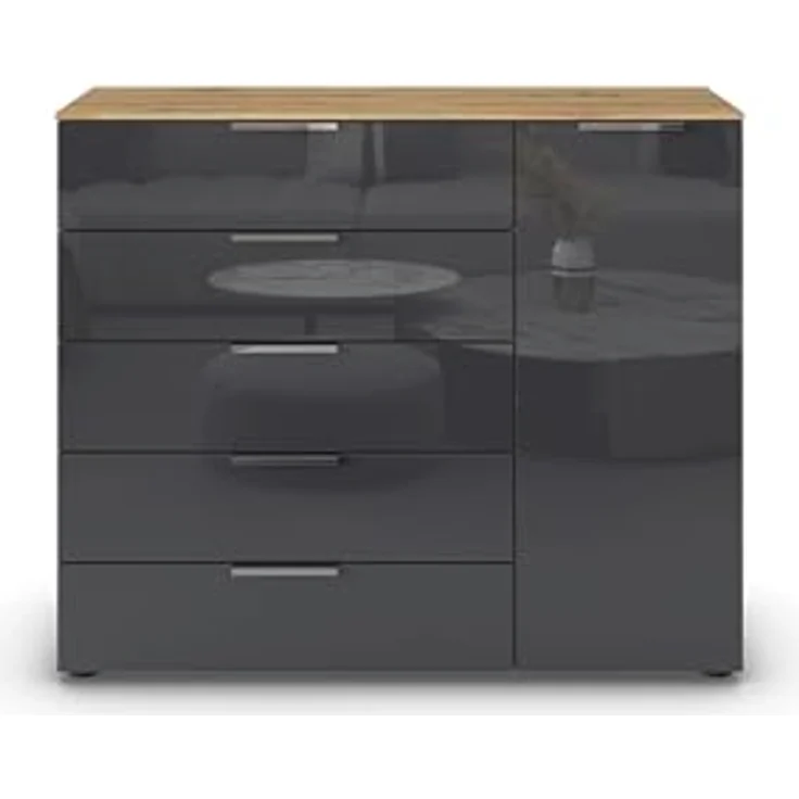 Rauch Möbel Flipp, Kommode für Schlafzimmer, Kinderzimmer, Wohnzimmer, Flur, Garderobe, 1-türig, 5 Schubladen, mit Softclose-Funktion, Farbe Eiche Artisan, Holz/Glas Basalt, Schwarz, Breite 120 cm – Bild 6