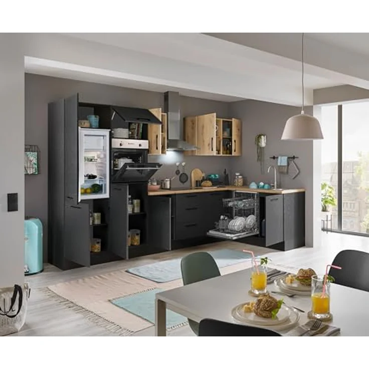 Turin LB Eckküche 340 x 211 x 60 cm, schwarz - Ohne Küchengeräte - Moderne, geräumige Küche in Artisan-Eiche Optik mit viel Stauraum – Bild 7