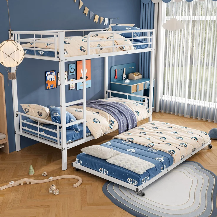 Bett 90x200/90x190 cm Etagenbett mit Ausziehbett, Weiß, Metall – platzsparend und EN-747-zertifiziert – Bild 3