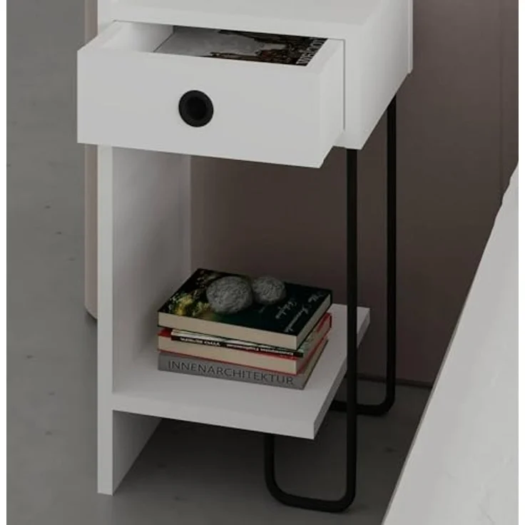 Dmora Nachttisch Quilla 32 x 30 x 61 cm Weiß 1 Schublade 2 Böden – Bild 5