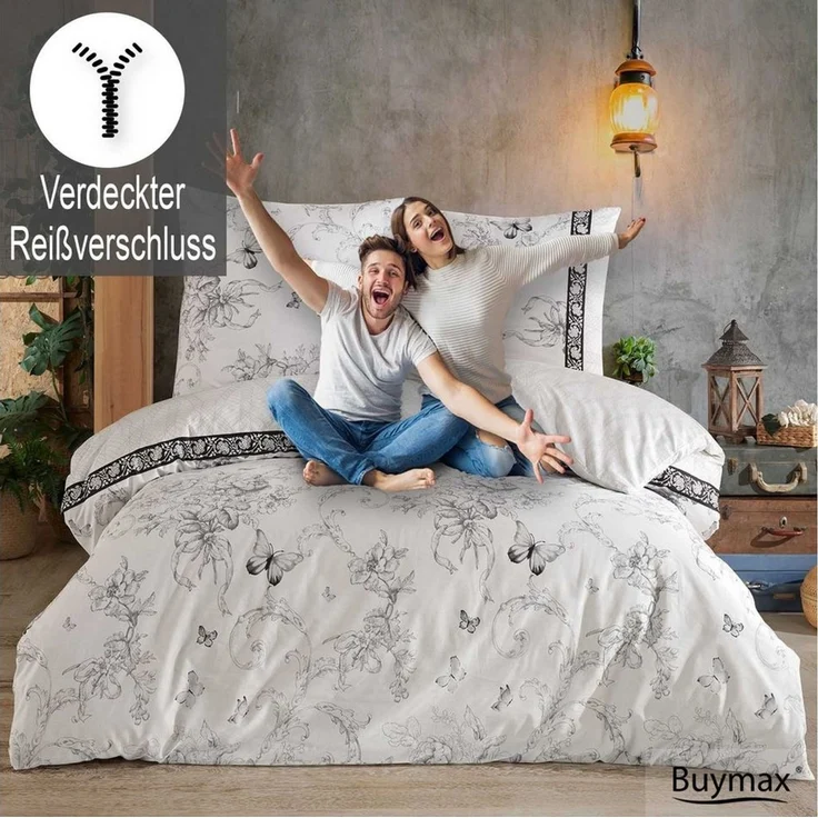 Buymax Bettwäsche Alegra, Renforcé: 100% Baumwolle, 4 teilig, 135x200 cm mit Reißverschluss, Geblümt Schmetterlinge, Schwarz Weiß – Bild 4